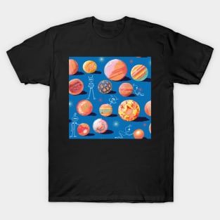 Fallen Jupiter Moons orange on blue pattern T-Shirt